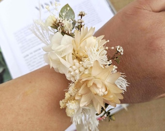 Wrist Corsage White Ivory Eucalyptus Formal Wedding Prom Baby Breath Natural Dried Strawflowers Hydrangea