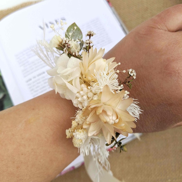 Wrist Corsage White Ivory Eucalyptus Formal Wedding Prom Baby Breath Natural Dried Strawflowers Hydrangea