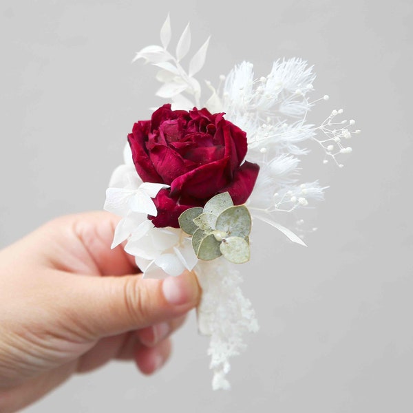 Red Rose Dried Flower Wedding Buttonhole Boutonniere Groom Groomsmen Best Man Accessories Eucalyptus White Hydrangea Formal Prom Florals