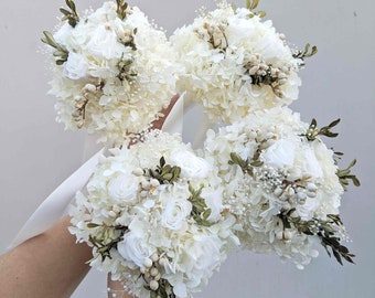 White Rose Bride Flower Bouquet Wedding Bridesmaid Posy Hydrangea Greenery FlowerGirl Classic Modern Premium Preserved Dried
