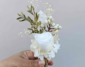 White Rose Dried Flower Buttonhole and Posy Bridal Bouquet Wedding Flower Girl Bridesmaids Boho Baby Breathe Preserved Hydrangea