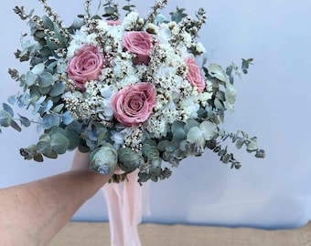 Wedding Bridal Bouquet Dried Flowers Eucalyptus Gum Dusty Pink Preserved Roses Bridesmaids White Hydrangea Daisy Baby's Breathe
