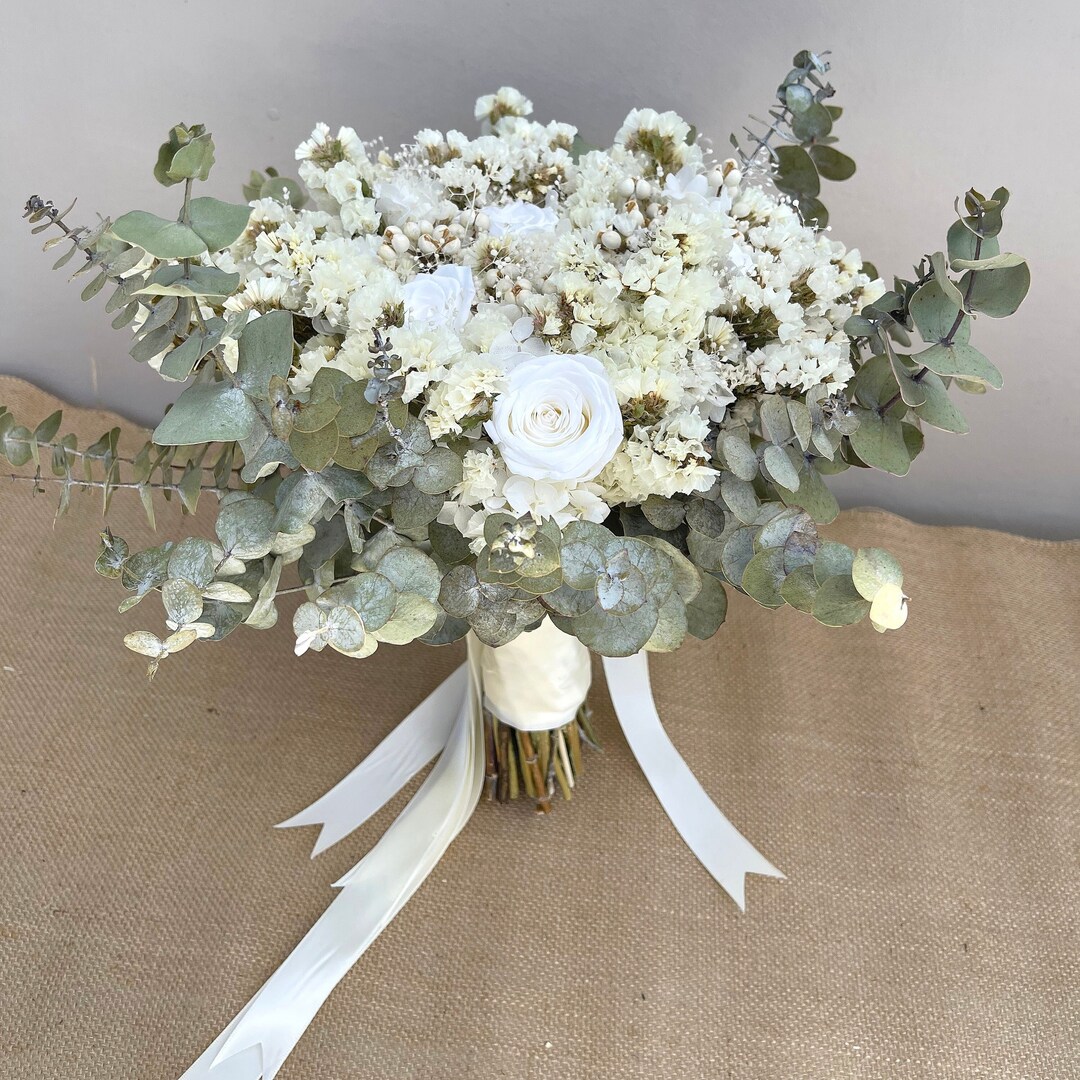 Wedding Bridal Bouquet Dried Flowers Eucalyptus Gum White Roses ...