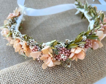 Dried Flower Crown Wedding Bride FlowerGirl Pink Peach Bridesmaids Baby's Breathe Kids Formal HairPiece Floral Hair Pins Boutenniere