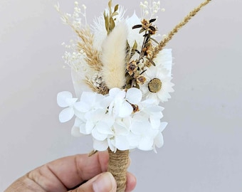 Wedding Buttonhole Groom Dried Mini Everlasting Preserved Rustic Floral White Hydrangea Boho Bridal Groomsmen Natural Grass Baby's Breathe