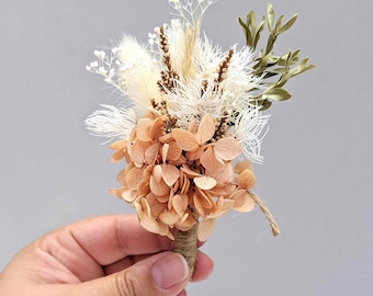 Mini Everlasting Preserved Floral Posy ButtonHole Mocha Hydrangea Dried Gift Grooms Wedding Bridal Groomsmen Baby's Breathe