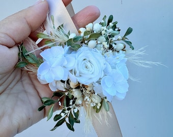 White Mini Rose Wrist Corsage Wedding Flower matching Buttonhole Dry FlowerBerry Foliage Prom Formal FlowerGirl Boutonniere