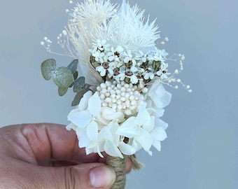 Dried Flower Wedding Buttonhole Groom Flower Boutonniere Eucalyptus White Hydrangea Bridal Groomsmen Corsage Boho Daisy e EverFlowerPost