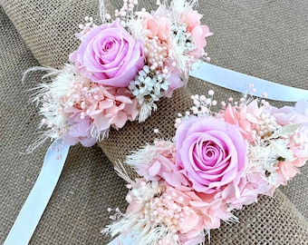 Pink Wrist Corsage Wedding Flower Bangle Dry FlowerCrown Bridal Hair Prom Formal FlowerGirl Boutonniere Kids Flower Circlet Bridesmaid