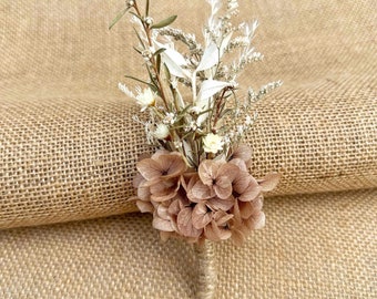 Groom Buttonhole Dried Flowers Wedding Groomsmen Boho Brown Preserved Hydrangea