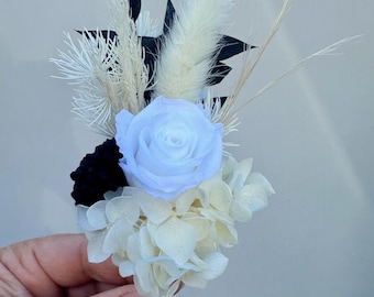 Black & White Rose Dried Flower Buttonhole Wedding Flower Girl Bridesmaids Boho Preserved Hydrangea