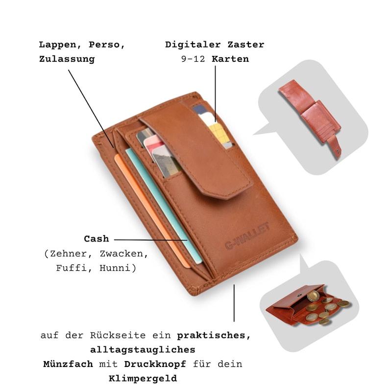 Op de afbeelding: Een lichtbruine lederen portemonnee met de merknaam G-WALLET in reli&euml;f op de voorzijde. Het bevat meerdere kaartsleuven, een vak voor contant geld en een apart muntvak aan de achterzijde dat is afgesloten met een drukknoopsluiting.