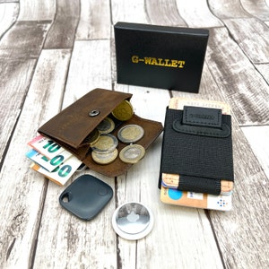 Cartera delgada súper delgada con compartimento para monedas Soporte AirTag Cuero real Personalizable: regalo perfecto para hombres y mujeres G-WALLET®