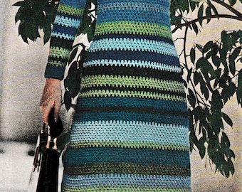 Vintage 1970s Striped Crochet Dress Pattern | Long Sleeve PDF Instant Download