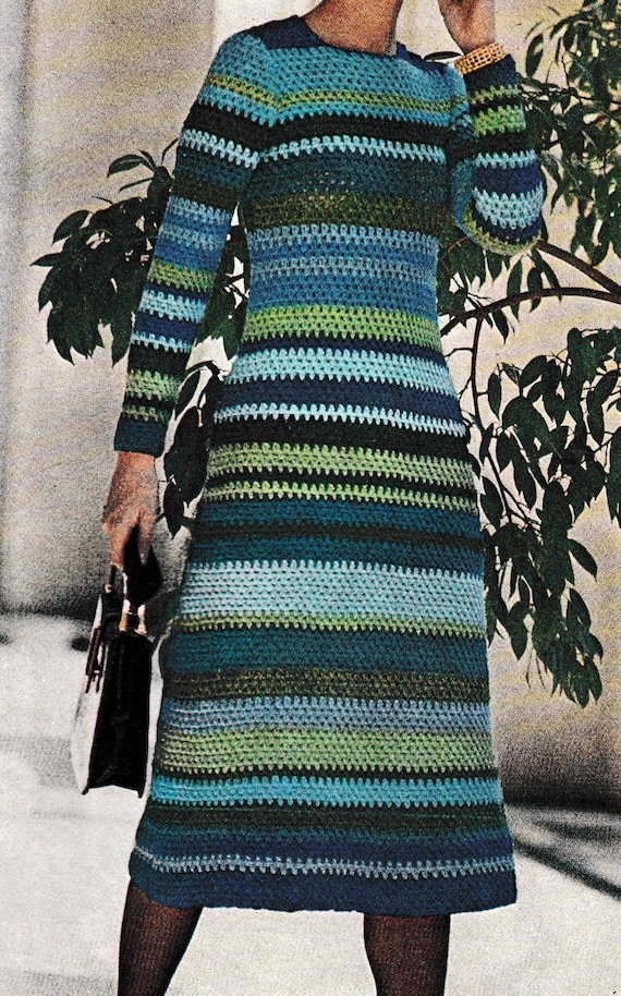 Vintage 1970s Striped Crochet Dress Pattern | Long Sleeve PDF Instant  Download