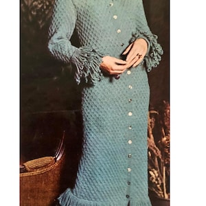 Vintage 1970s Knit Housecoat Pattern • Cozy Robe with Crochet Fringe • Instant PDF Download