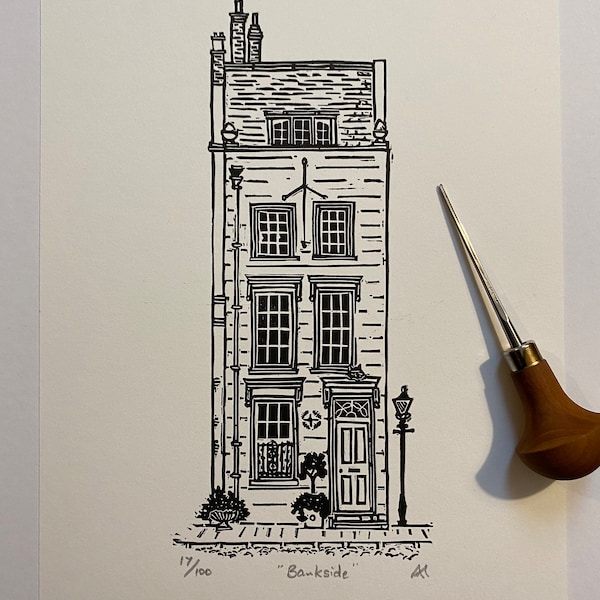 Bankside House A4 linocut print (on River Thames)