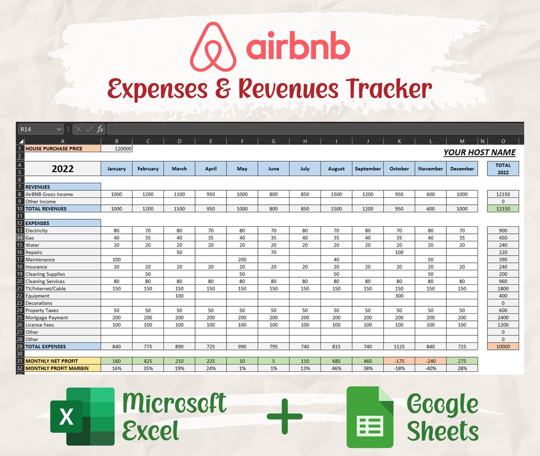 Airbnb Tracker Revenues and Expenses Statement Microsoft Excel