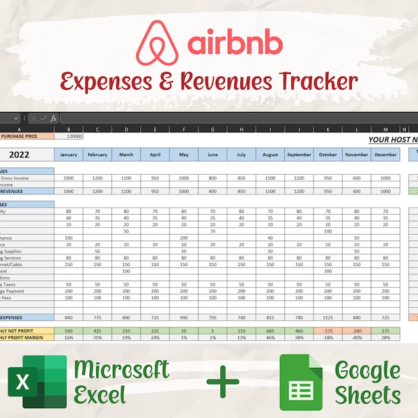 AirBNB Tracker | Revenues and Expenses Statement | Microsoft Excel Template | Google Sheets