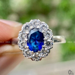 14k Solid Gold Sapphire Oval Solitaire Ring / Blue Sapphire Moissanite Engagement Ring / September Birthstone Ring / Princess Diana Kate