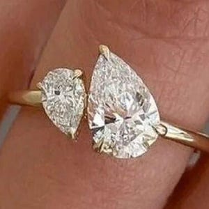3 CT Double Tear Drop Ring, Two Pear Cut Diamond Engagement Ring, Two Stone Toi Et Moi Ring, Minimalist 14K Solid Gold Wedding Rings for Her