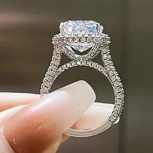 5 Ct Moissanite Cushion Cut Engagement Ring, Micro Pave Hidden Halo 4 Claw Prong Wedding Ring, Perfect Anniversary Gift