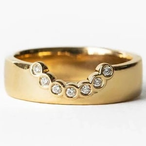 14k Solid Gold Moissanite Diamond Ring for Women Deep Curve, Thick Band Pave Stack, U-Shaped Nesting Chevron Ring Enhancer Ideal Bridal Ring