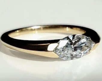 0.5 To 2.0 CT Lab Created Diamond Engagement Ring, Marquise Cut East To West Set Lab Grown Diamond Solitaire Ring, Half Bezel Setting