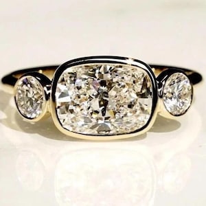 2.0 CT Elongated Cushion Cut Lab Created Diamond Three Stone Engagement Ring, 14K Solid Gold Bezel Set Ring, Anniversary Gift, Proposal Ring