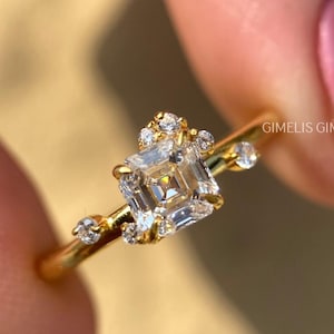 Diamond Engagement Ring, Yellow Gold Asscher Cut Cluster Halo Solitaire With Round Accent Diamonds, Delicate Slim Band