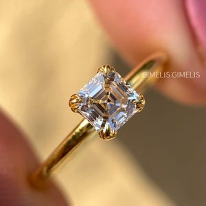 Diamond Solitaire Ring, Asscher Cut Kite Set, Yellow Gold 4 Prong, Dainty Minimalist Slim Band, High Polish Ring