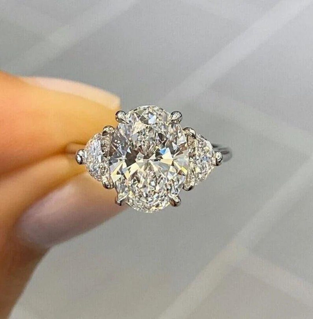 Triangle Colorless 3 CT Oval Cut Colorless Moissanite Engagement Ring, Three Stone Ring ...