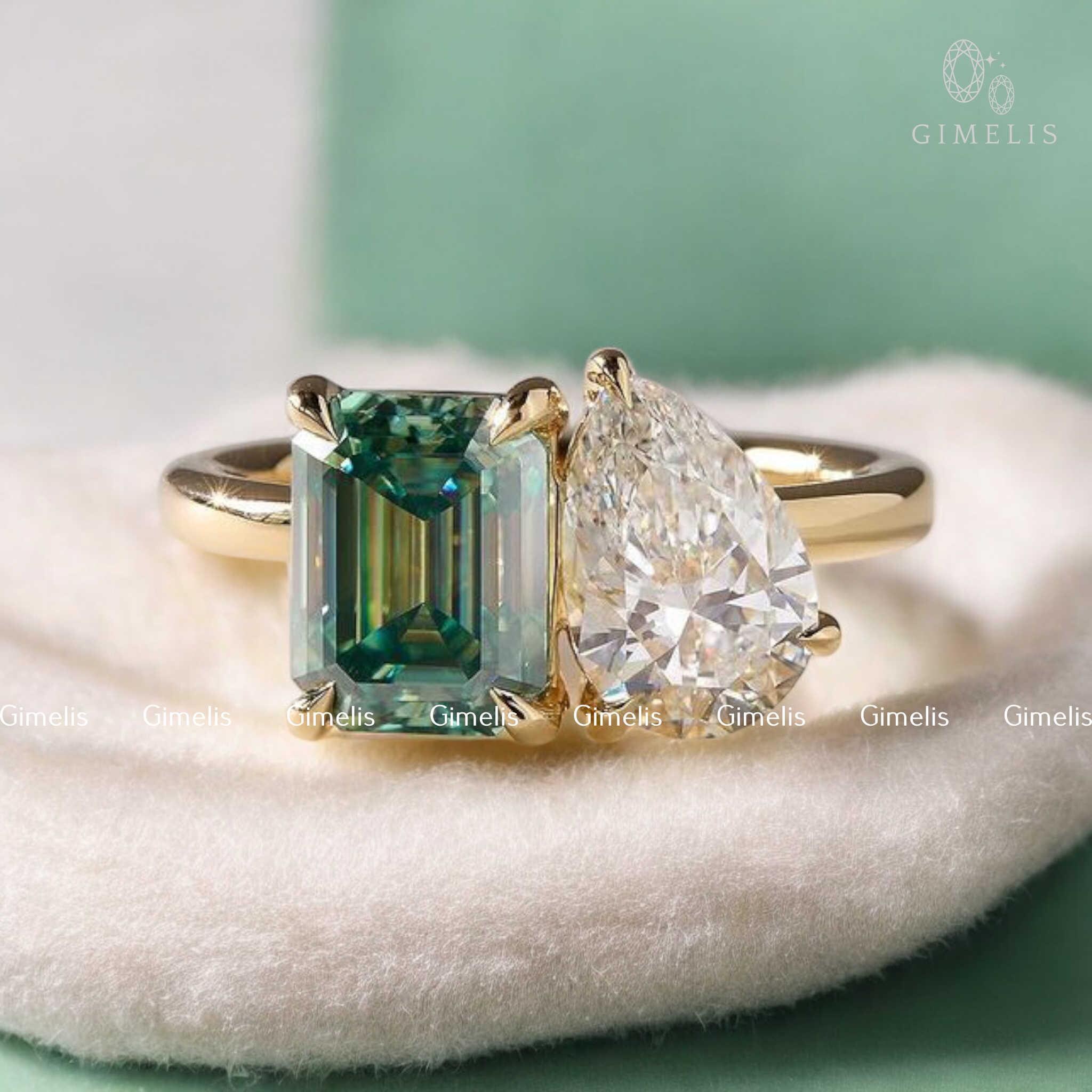 5.50 TCW Pear & Green Emerald Cut Moissanite Engagement Ring Vintage Wedding Ring Two Stone Ring Toi Et Moi Ring 14K Gold Ring Dainty Ring