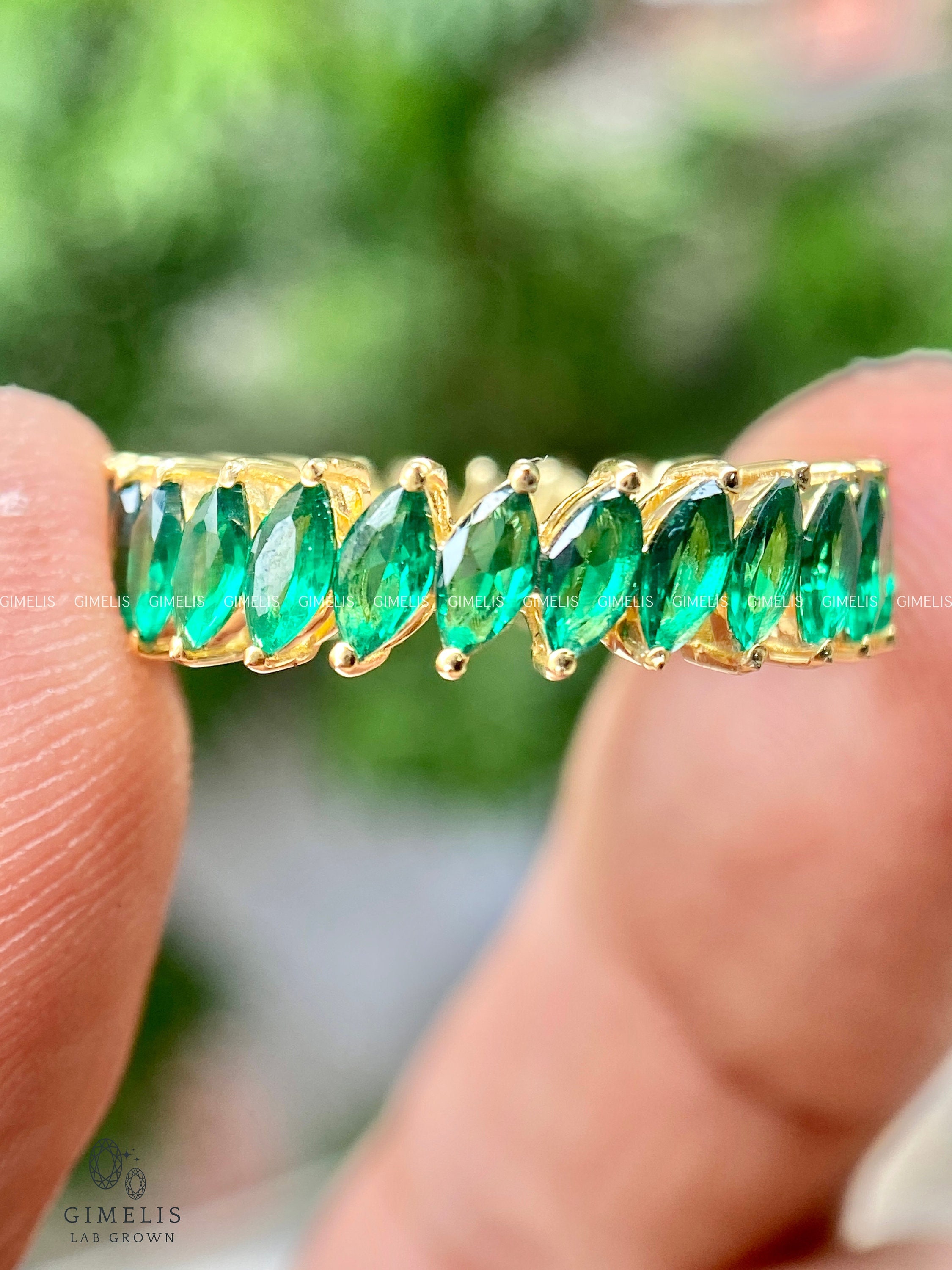 Vintage Moissanite Green Marquise Wedding Band Women Yellow Gold Cluster Full Eternity Stacking Art Deco Unique Promise Anniversary Band