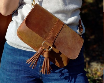 Tan Leather Shoulder Bag Crossbody Purse, Waist Bag Hip Bag, Belt Bag, Fanny Pack, Cute Shoulder Bag, Small Sling Bag, Mother's Day Gift