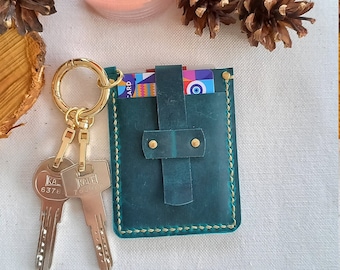 Blue Leather Keychain Wallet: Handmade Cowhide Credit Card Holder