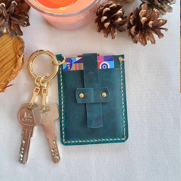 Porte-clés en cuir bleu, mignon portefeuille fait main, porte-cartes de crédit, portefeuille mince avec porte-clés, portefeuille gothique en peau de vache, portefeuille Rfid