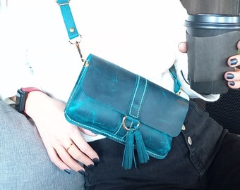 Blue Leather Fanny Pack, Sling Bag For Women, Mini CrossBody Bag, Luxury Hip Bag, Belt Pouch For Her, Hobo Bag, Baguette Bag