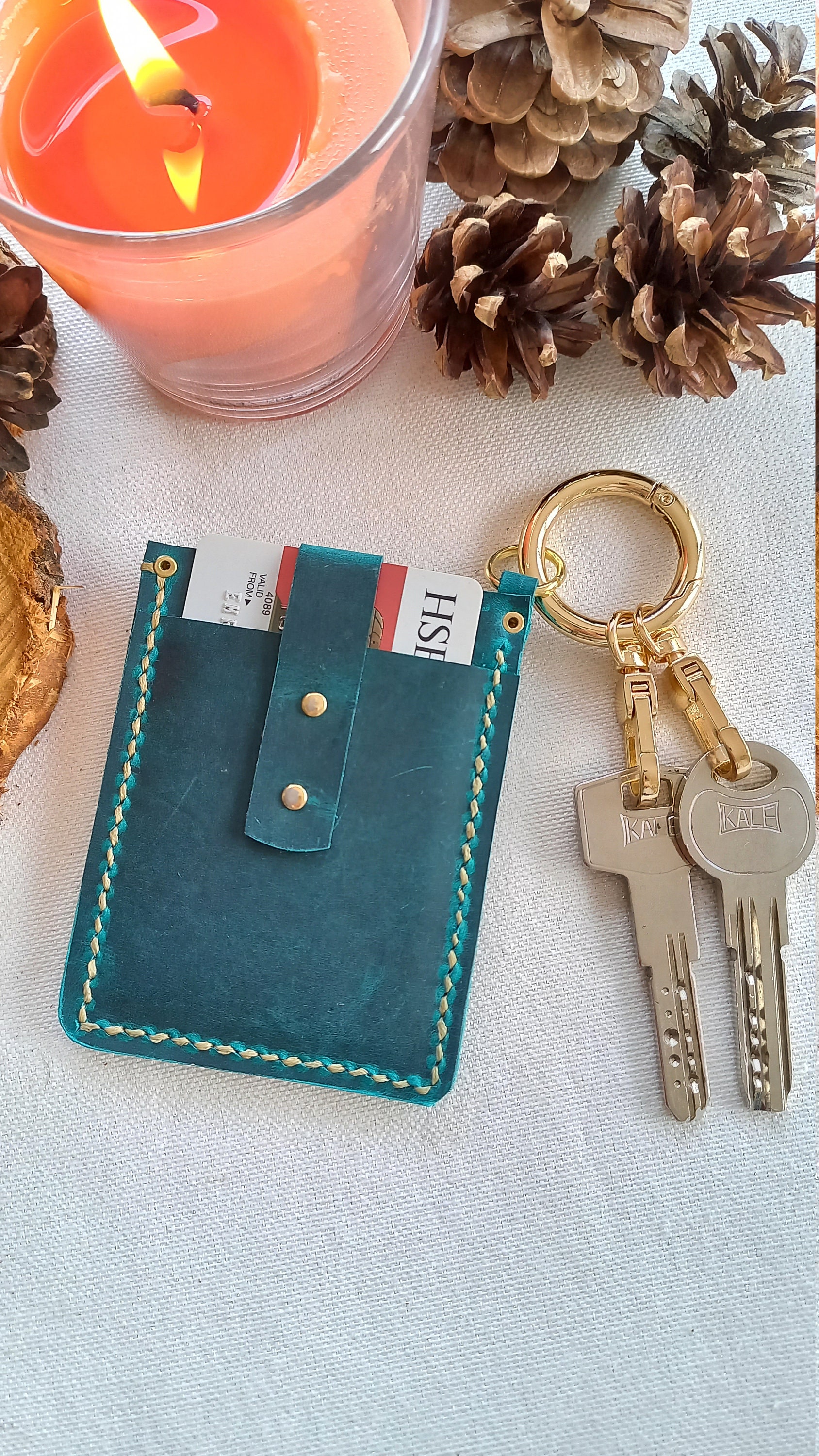 Blue Leather Keychain Wallet Handmade Cute Wallet Credit Etsy