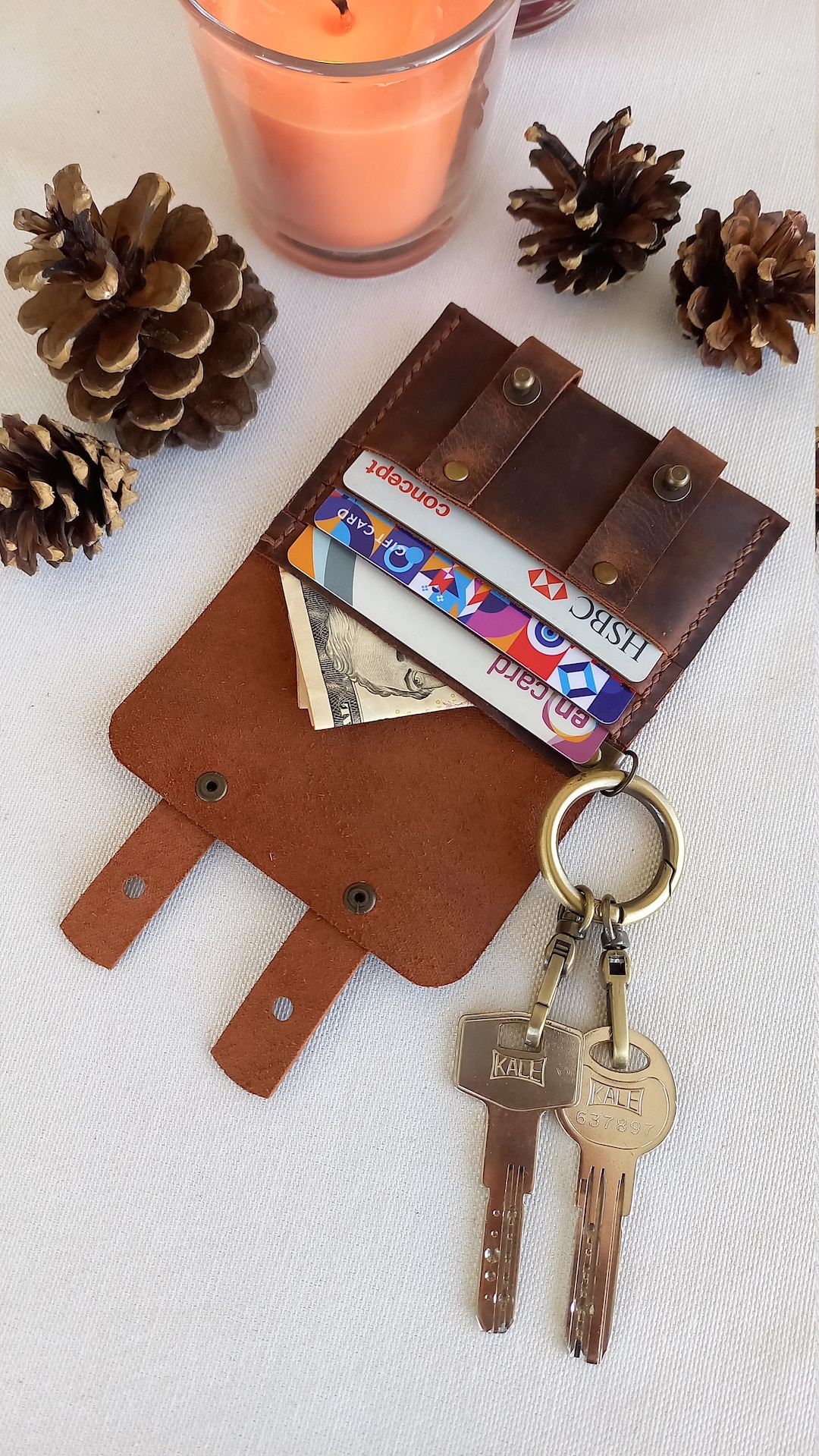 Brown Leather Keychain Wallet, Handmade Cute Wallet, Credit Card Holder