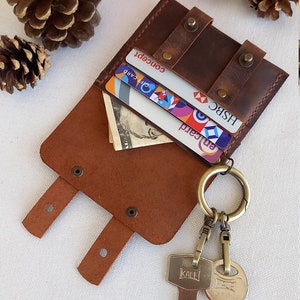 Cartera de cuero marrón con llavero, bonita cartera hecha a mano, tarjetero, billetera fina con llavero, cartera gótica de piel de vaca, llavero de cuero