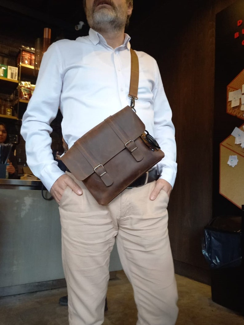 Brown Leather Large Crossbody Bag Man, Messenger Bag Men, Leather Fanny
