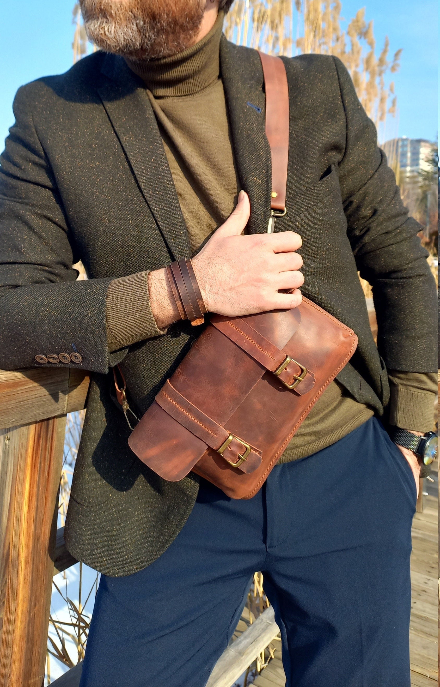 Brown Leather Large Crossbody Bag Man Messenger Bag Men Etsy