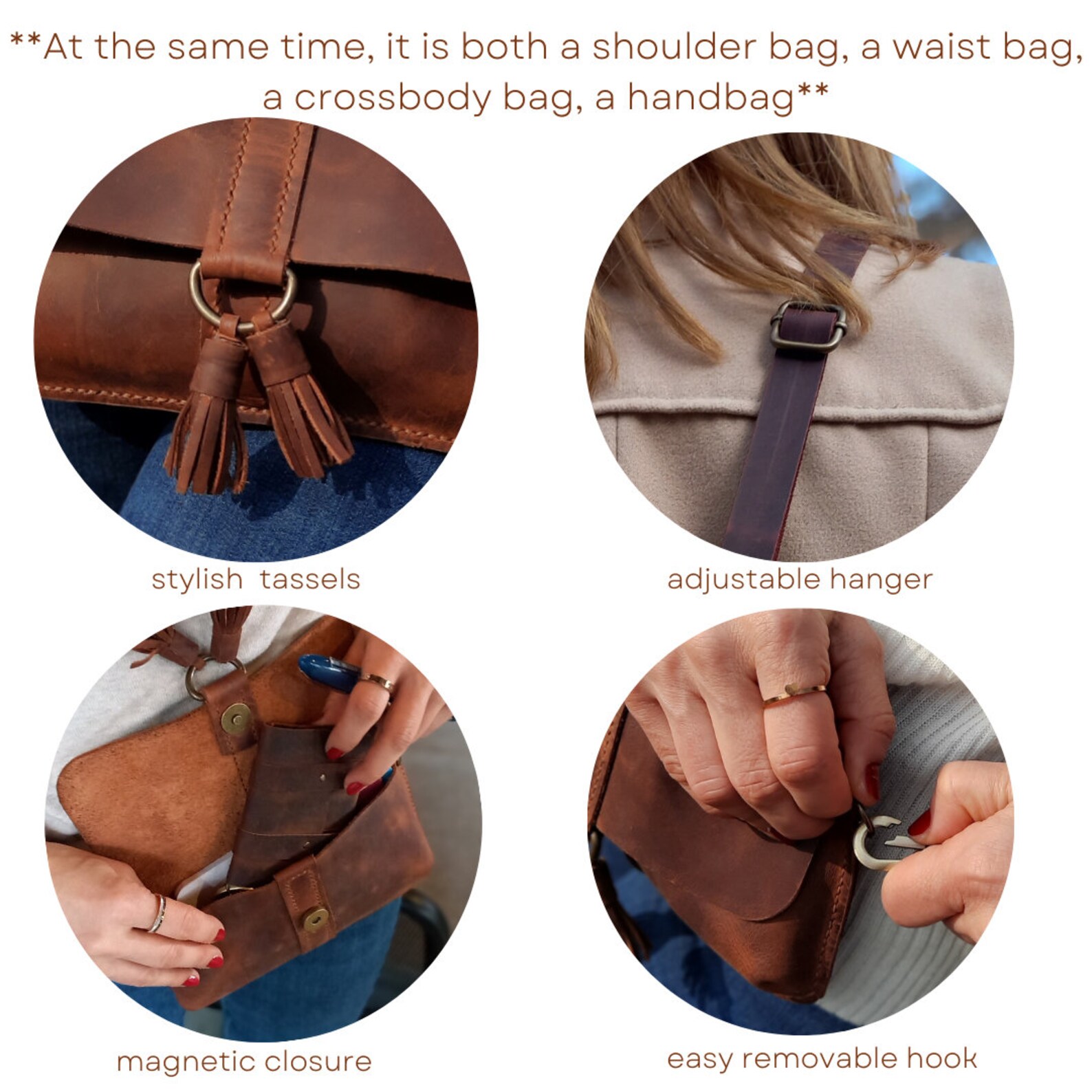 Brown Leather Fanny Pack, Sling Bag for Women, Mini Crossbody Bag