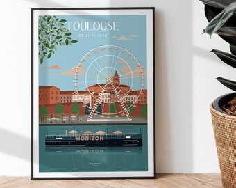 Affiche Illustration imprimée Toulouse Voyage la grande roue vue de la daurade