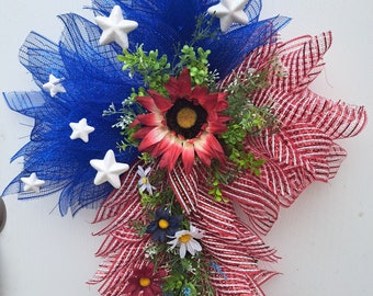 Patriotic Cross Wreath perfect for those who have glass storm doors, can add stake to use at graveside or memorial , 4th front door decor