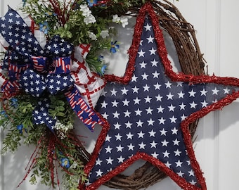 Patriotic door wreath for porch,  entryway, USA red white and blue rustic wreath