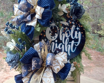 Christmas wreath, royal blue door decor, Front door decor, Blue and Gold wreath, O HOLY NIGHT SIGN , religious door decor , church decor