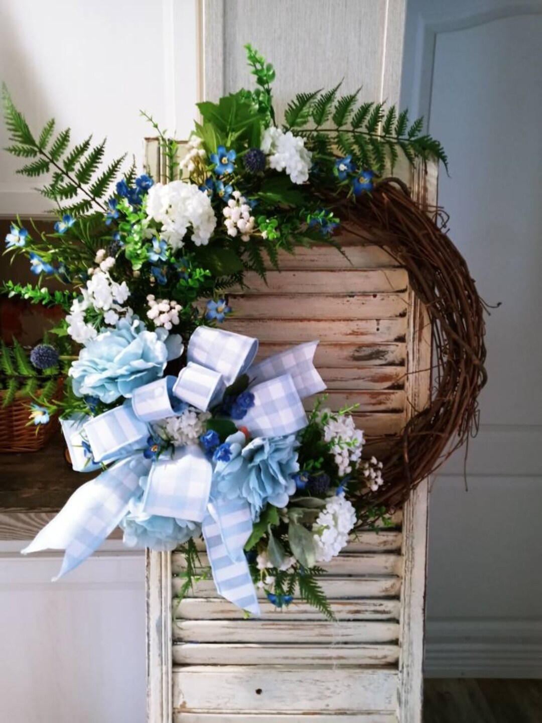 Blue Hydrangea Wreath: Farmhouse Floral Door Decor With Gingham Bow - Etsy