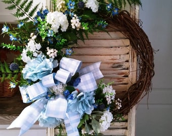 SALE! Blue wreath,  Country blue door decor,   Blue hydrangea wreath,  Blue Floral wreath, Farmhouse door decor, everyday wreath,